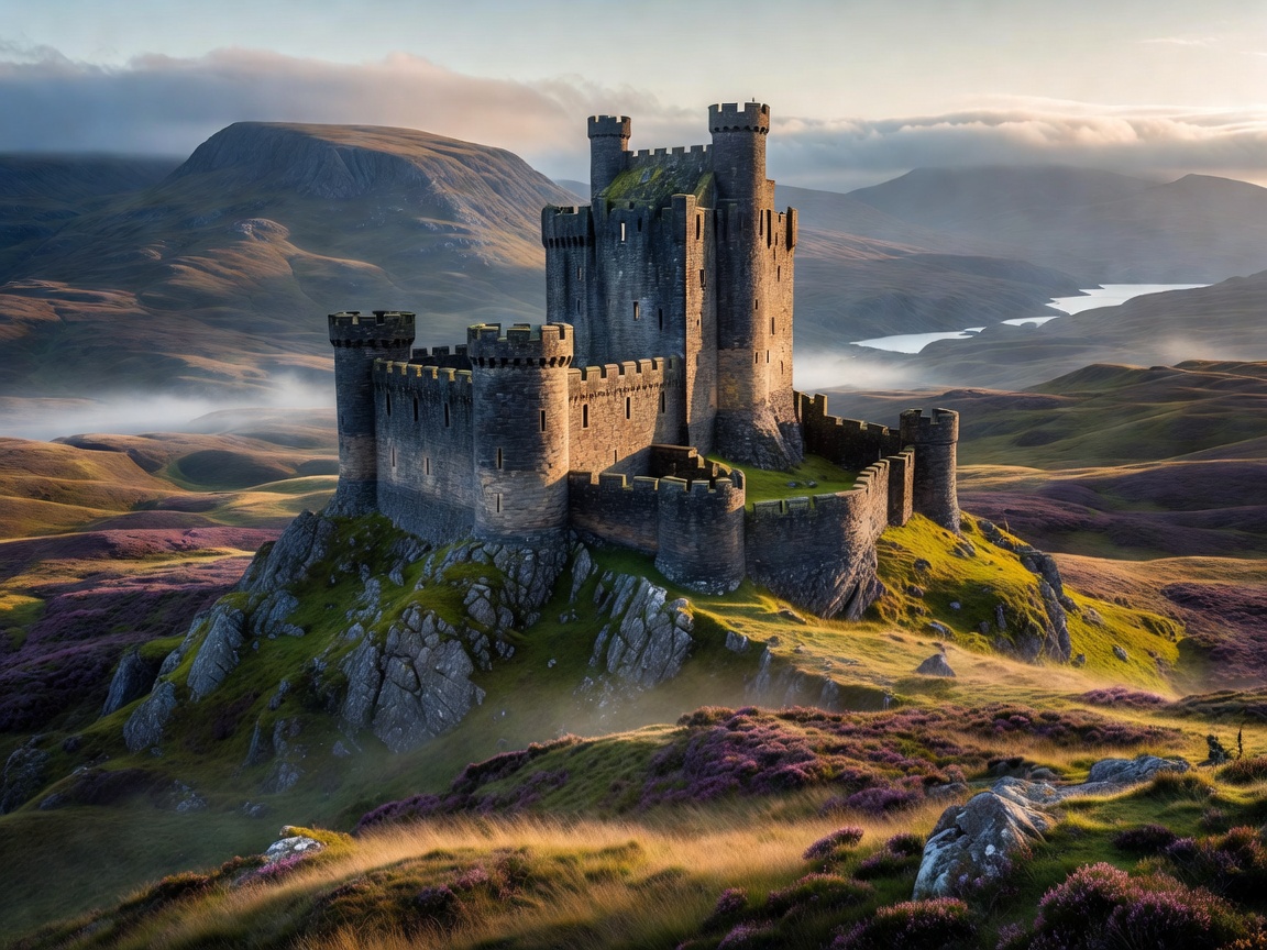 Cinematic view of a majestic medieval stone castle in the highlands