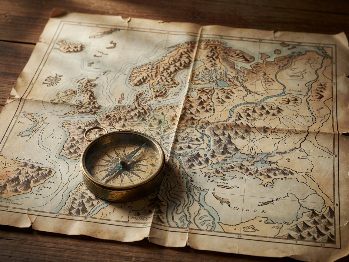 High resolution vintage exploration map with a detailed brass compass